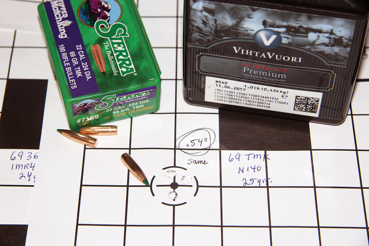 A couple groups remained the same between the factory and AG Composites stocks. This included Sierra’s 69-grain Tipped MatchKing over 25 grains of Vihtavuori N540.